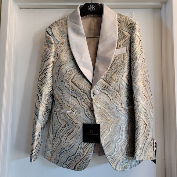 Gentlemens guru  abstract print gold and champagne tuxedo jacket and vest - Picture 5 of 16